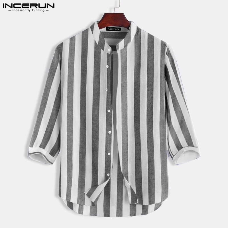 INCERUN Áo Sơ Mi Henley Dài Tay Cổ Tròn Họa Tiết Kẻ Sọc Cho Nam