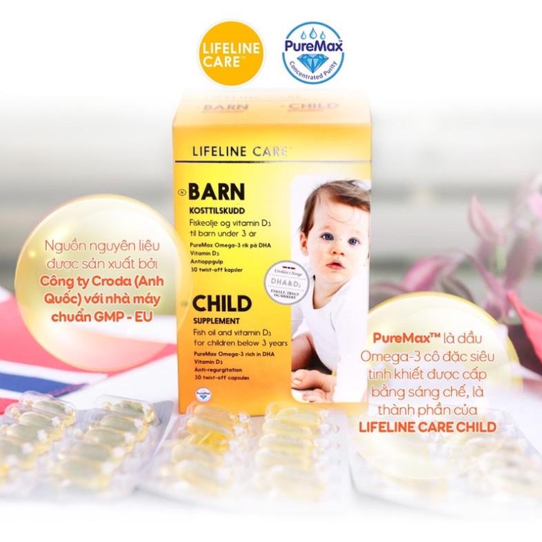 Dầu cá kim cương DHA Vitamin D3 BARN Lifeline Care Nauy Dầu cá cho bé - Hộp 30 viên