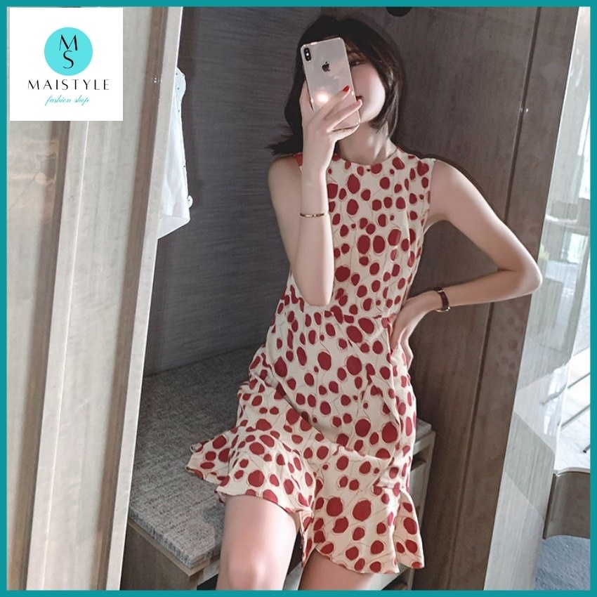 Đầm hoa nhí MAISTYLE váy nữ xinh thiết kế đẹp cao cấp đi chơi tết Đầm xòe linen sát nách trẻ trung cổ tròn MY1107 | BigBuy360 - bigbuy360.vn