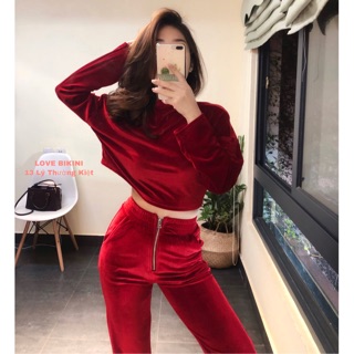 Đồ tập gym , bộ đồ tập thể thao nhung nữ dài tay màu đỏ