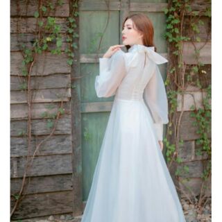 (miễn phí chỉnh váy) đầm dạ hội trắng cổ cao tay dài váy xoè cô dâu chụp ảnh cưới lễ cưới kín đáo giá rẻ