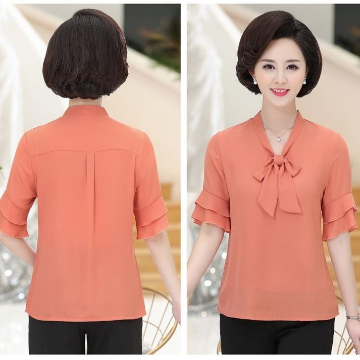 mẫu mới năm 2021☬> Mẹ mùa hè hai bộ áo thun tay ngắn 40-50 tuổi Quần nữ cao Suit voan