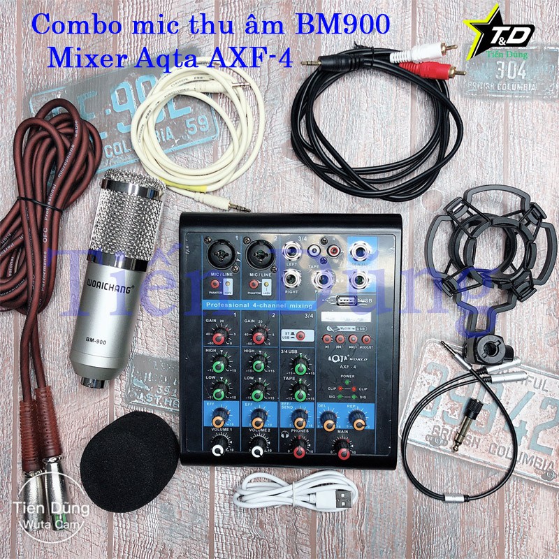 Bộ livestream mixer Aqta AXF 4 có bluetooth mic bm900 kèm dây livestream zắc 6.5 - Trọn bộ mic thu âm kiêm karaoke