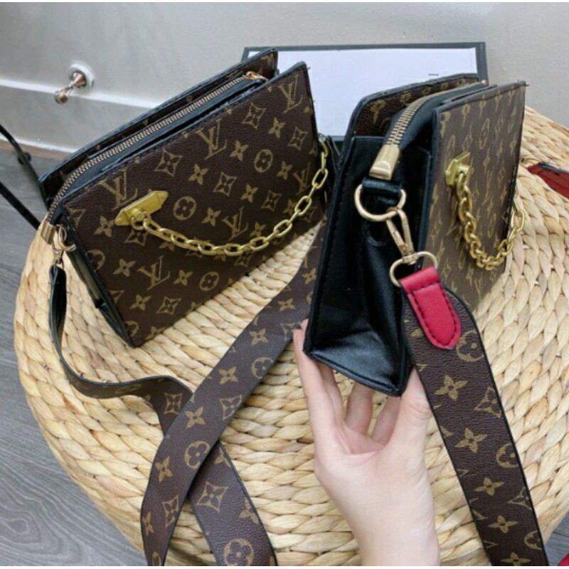 💙 [HOT] Túi lv hộp xích có dây đeo chéo bản to - Túi đeo chéo dáng clutch phối xích vàng