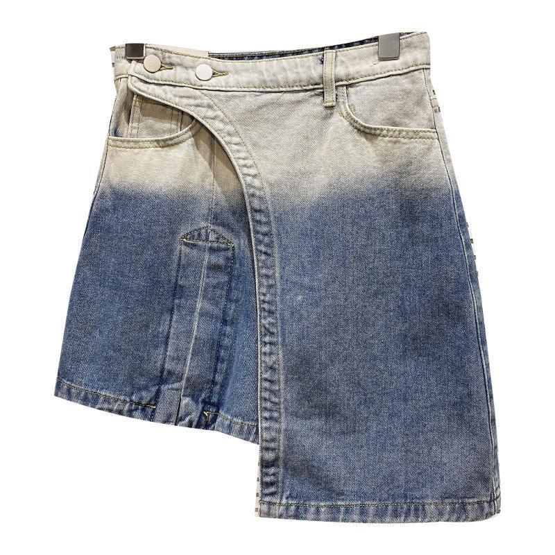 Chân váy denim giả hai lớp thiết kế viền không đối xứng phong cách thời trang mùa hè 2022 cho nữ