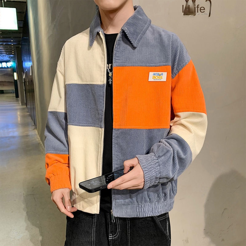 Áo Khoác Nhung Dáng Rộng Cỡ Lớn Phối Màu Sắc Tương Phản Kiểu Hàn Quốc Thời Trang Xuân Thu Cho Nam