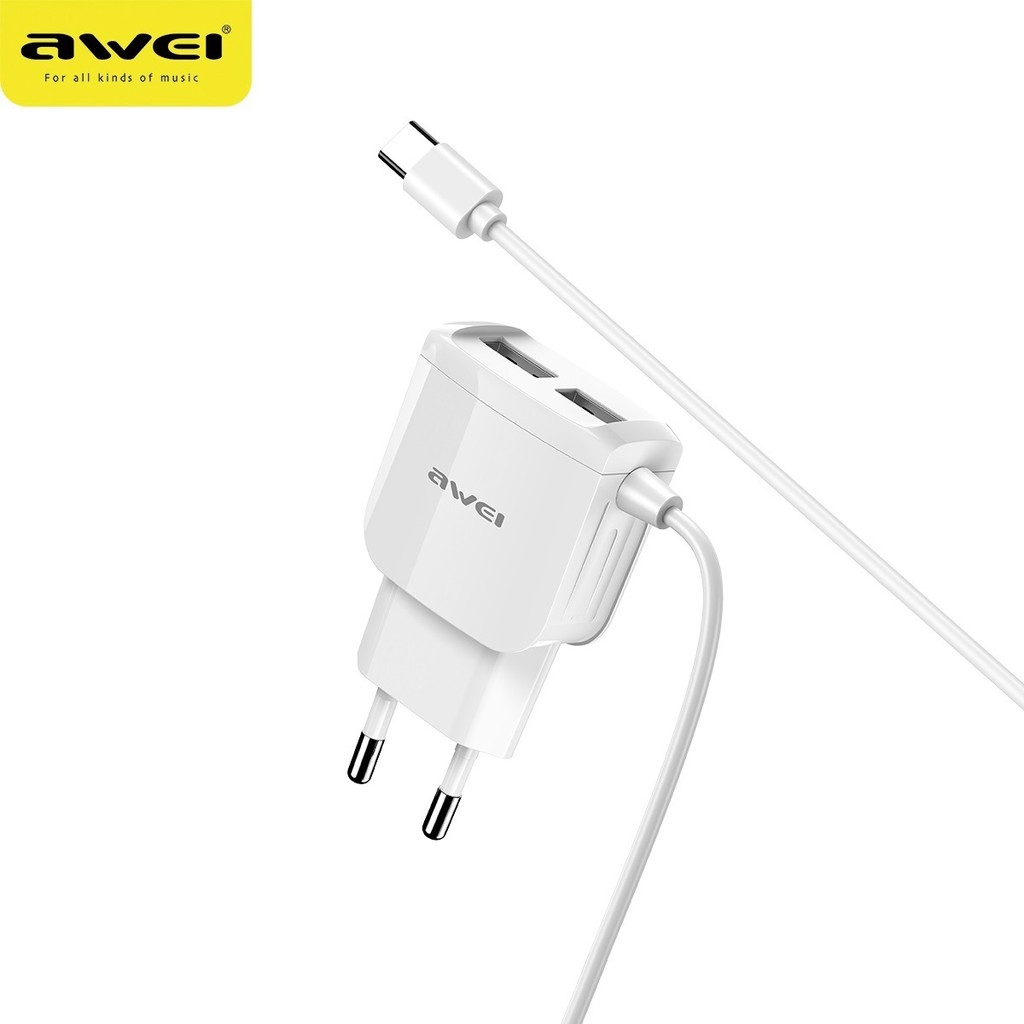 Awei C5 With Type-C Cable And Dual USB Port Power Adapter Charging Plug 5V 2.4A Fast Charger