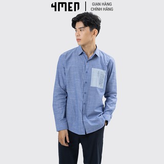 Áo sơ mi nam dài tay kẻ sọc 4MEN SM016 in họa tiết ngực đẹp, vải cotton thoáng mát, thấm hút mồ hôi
