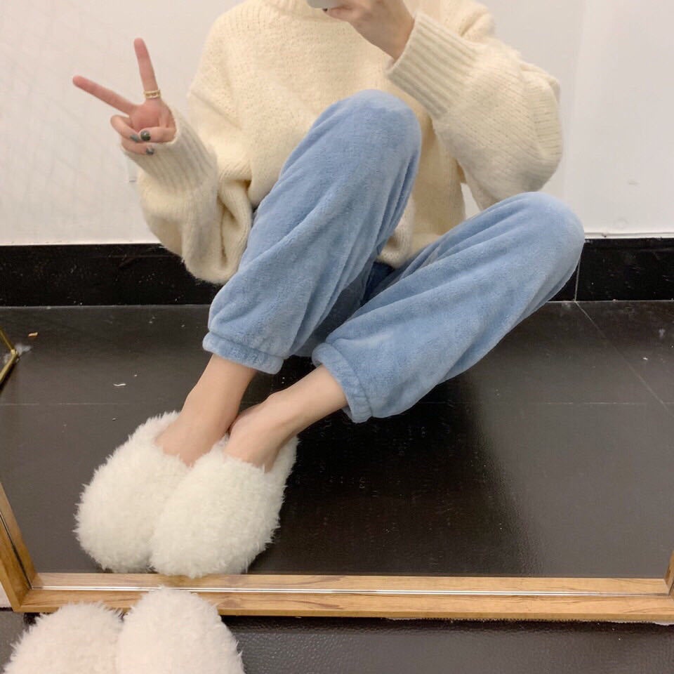 Quần ngủ dài bằng vải nỉ san hô dày dặn giữ ấm eo co giãn cỡ lớn thời trang thu đông hàng mới | BigBuy360 - bigbuy360.vn