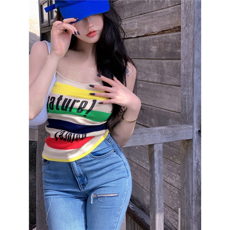 Áo hai dây ZHELIHANGFEI dáng ôm ngắn họa tiết kẻ sọc phong cách Mỹ quyến rũ cho nữ