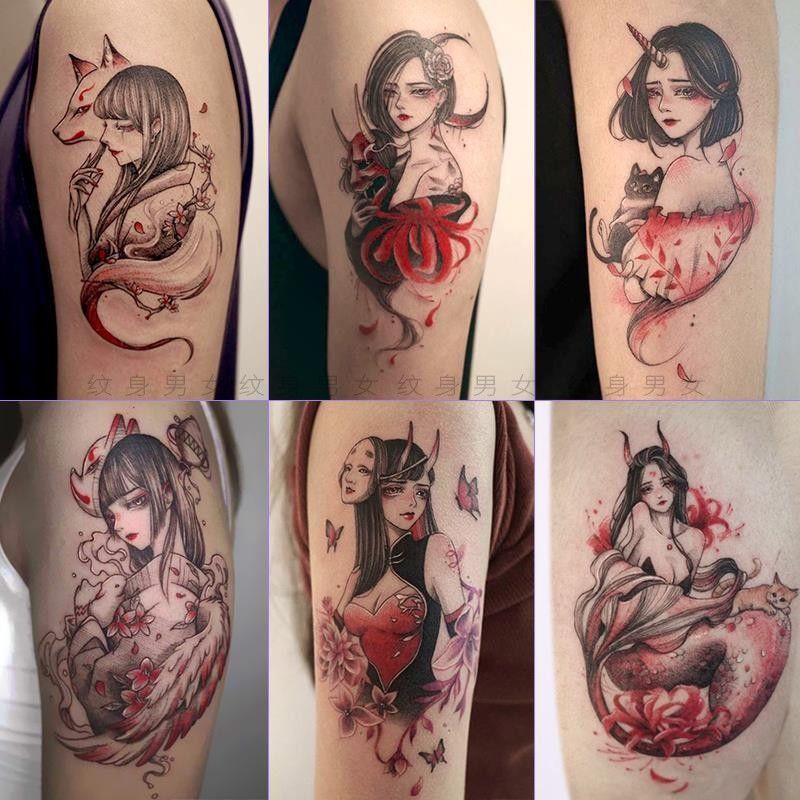 Hình xăm geisha hồ ly chín đuôi không thấm nước lâu dài đầy màu sắc