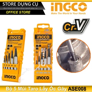Bộ 5 bộ taro ren trái nhổ ốc vít gãy ingco ase008 dụng cụ mở ốc vít, mũi khoan lấy ốc gẫy