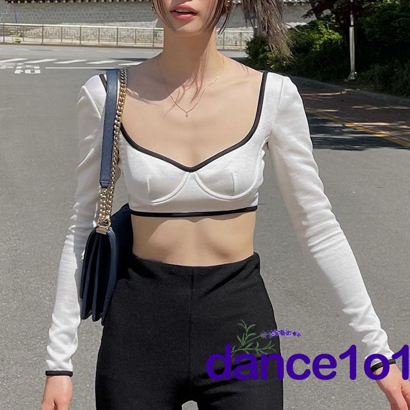 Áo tay dài cổ chữ V màu sắc tương phản thời trang mùa hè cho nữ