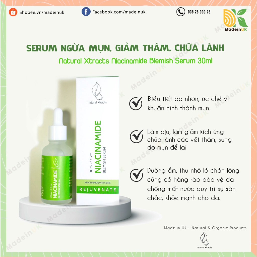Serum Ngừa Mụn, Giảm Thâm Natural Xtracts Niacinamide Blemish Serum 30ml
