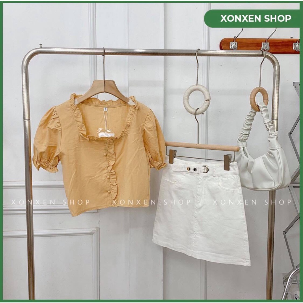 Áo kiểu nữ áo kiểu cổ vuông viền bèo tiểu thư XONXEN SHOP QUY NHƠN freesize mã 3357