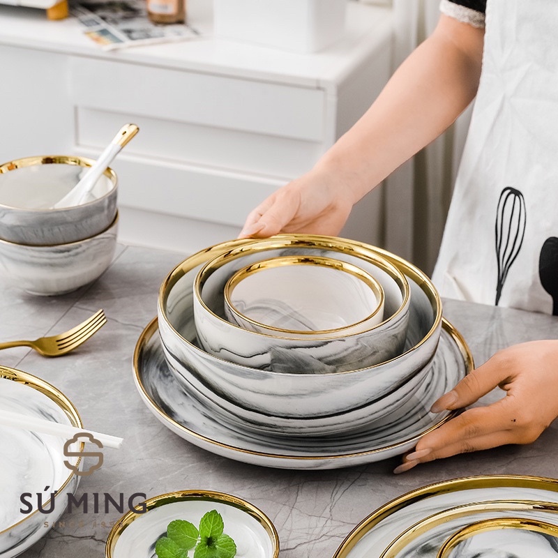 LẺ Bộ Bát Đĩa Sứ Màu Ghi Vân Đá Cao Cấp, Sang Trọng, viền vang 24k