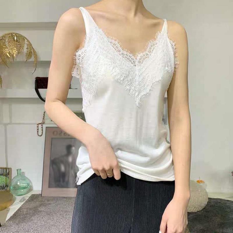 Áo sát nách dệt kim phối ren hoa thiết kế ôm dáng thời trang quyến rũ