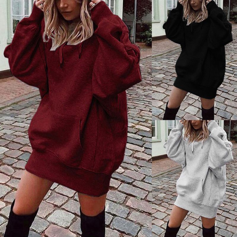 Xiangbao Đầm Hoodie Tay Dài Chui Đầu Dáng Rộng Màu Trơn Phối Dây Rút Ấm Áp Mùa Đông Cho Nữ