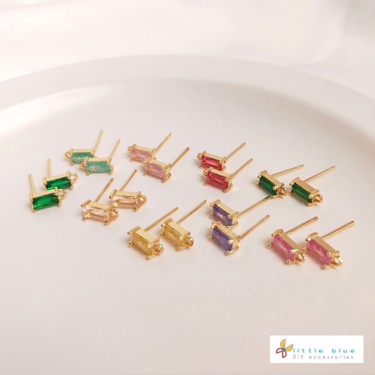 [Little Blu] Khuyên Tai Xỏ Lỗ Hình Chữ Nhật Bằng Đồng Bạc 925 14K Dát Zircon Màu Sắc Zircon Hình Chữ Nhật Có Dây Treo