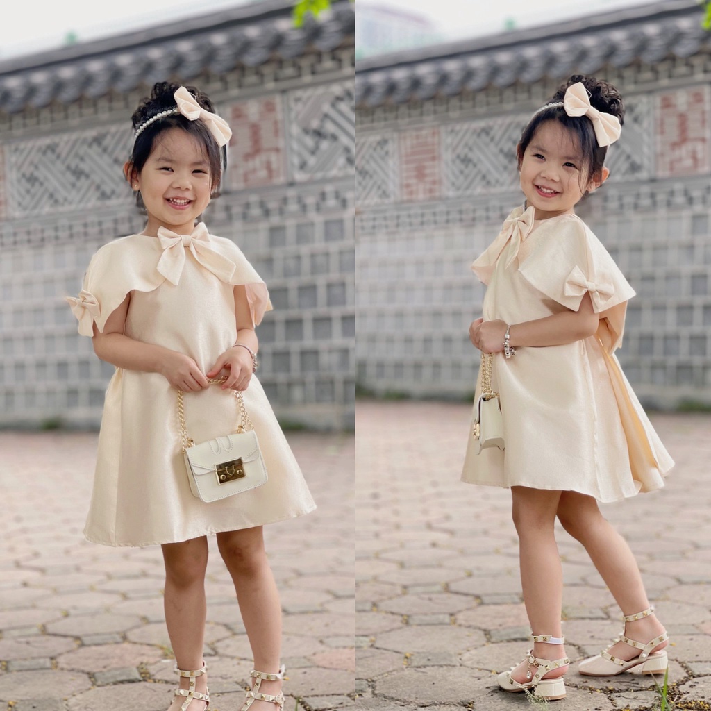 Váy công chúa cho bé gái đầm tay sò nơ màu hồng/vàng/trắng HOMI BABY HOUSE đầm công chúa sò nơ cho bé dự tiệc dạo phố