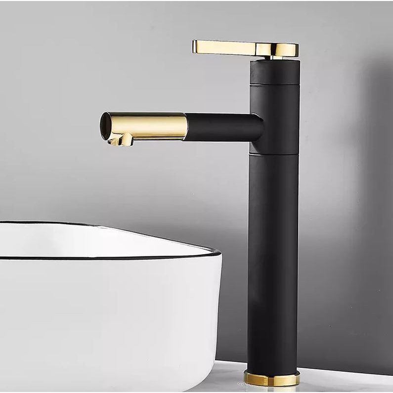 Vòi Lavabo, vòi chậu rửa mặt nóng lạnh điếu mỏ xi Đen Vàng chất liệu đồng cao cấp
