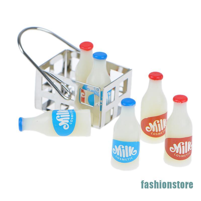 Giỏ Kim Loại Kèm 6 Chai Sữa Mini Tỉ Lệ 1: 12 Trang Trí Nhà Búp Bê