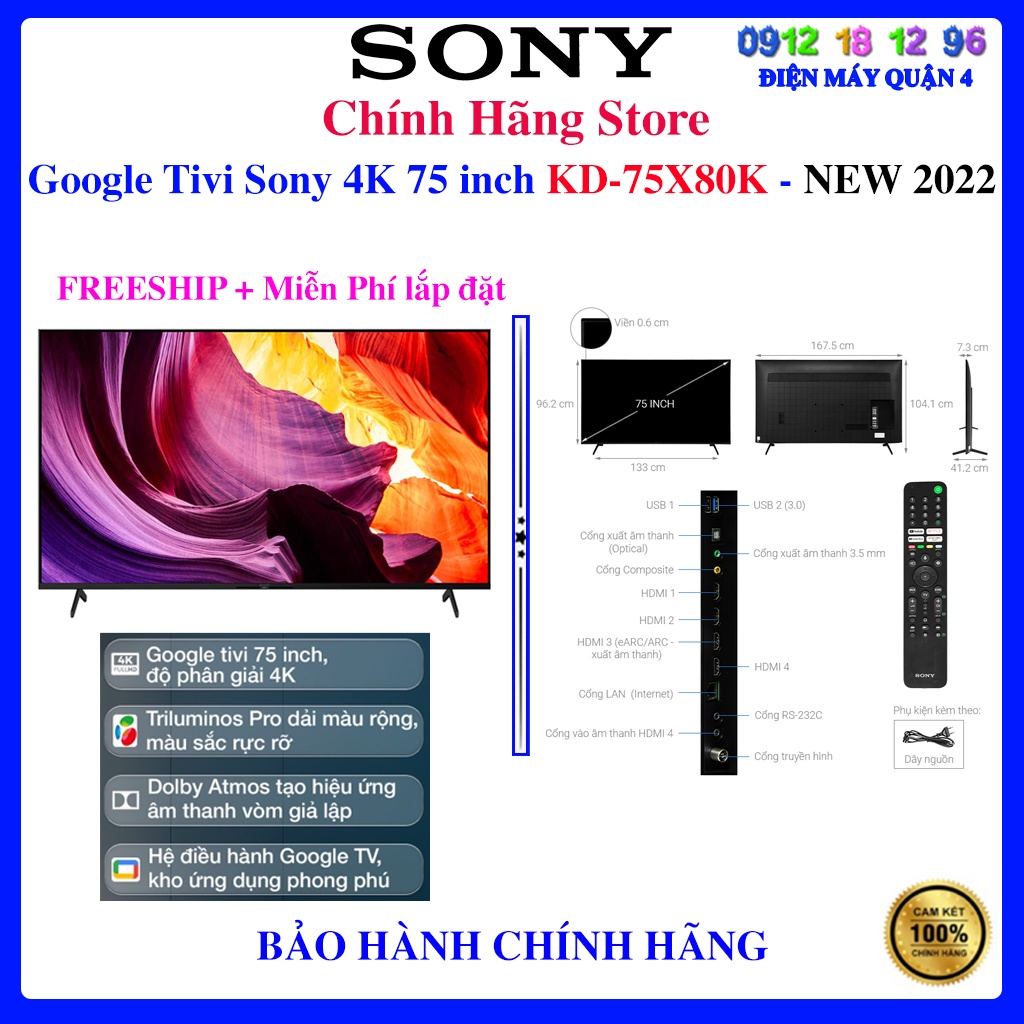 [Sony KD-75X80K] Google Tivi Sony 4K 75 inch KD-75X80K