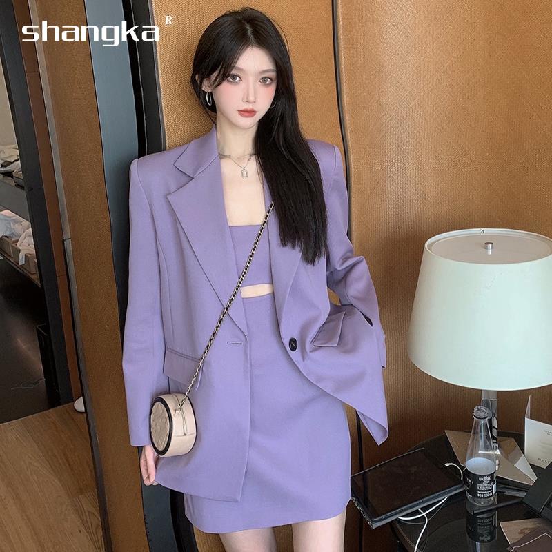Set áo khoác vest tay dài dáng rộng đầm hai dây màu tím thời trang