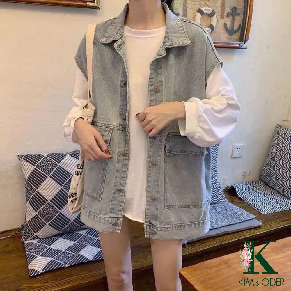 Áo khoác jean nam nữ form rộng Oversize sát nách phong cách Ulzzang hai màu xanh đen - Hàng nhập khẩu