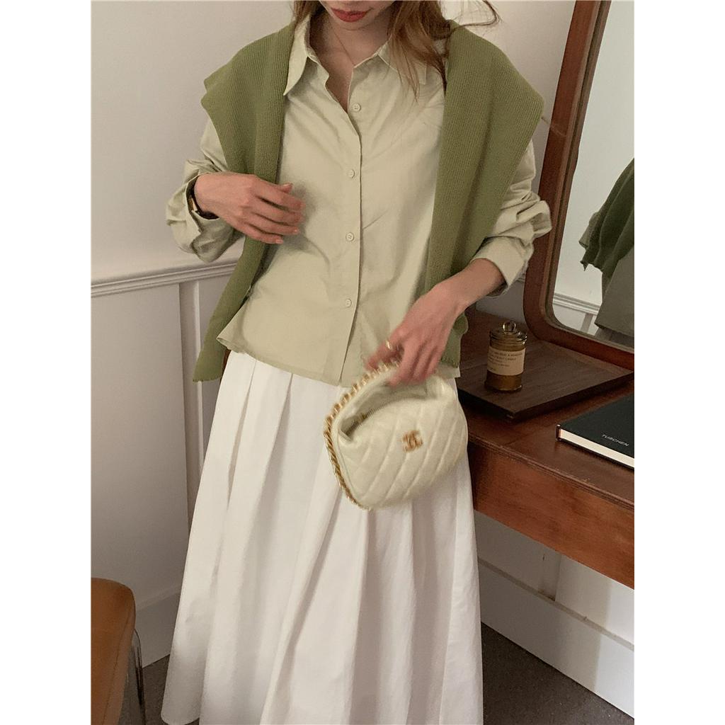 Áo Sơ Mi Cổ polo Dáng Ngắn Dài Tay Phối Khăn Choàng Phong Cách Hàn Quốc Đơn Giản 62137