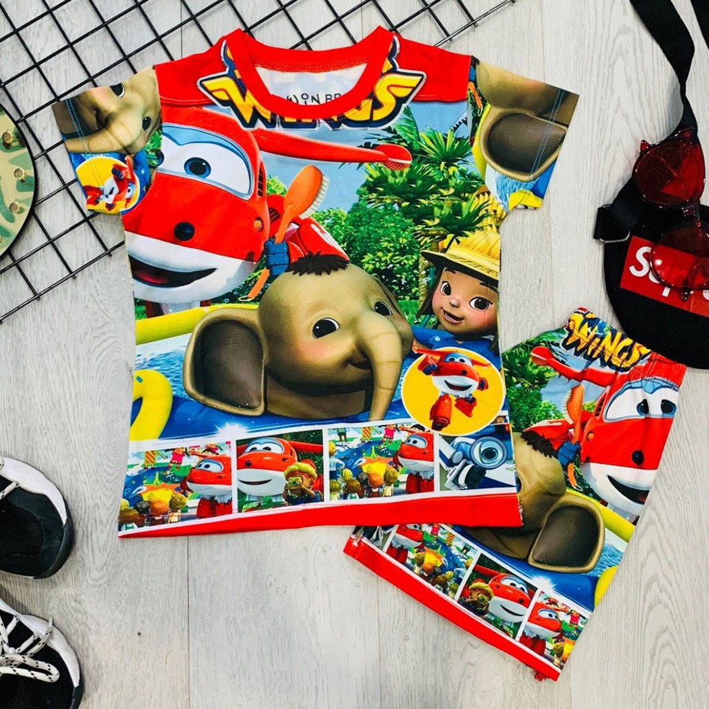 Bộ thun cotton lạnh in hoạt hình đội bay siêu đẳng