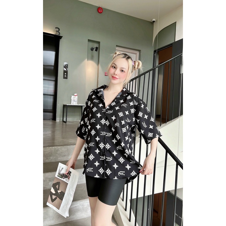 Sét bộ áo sơ mi form rộng in logo eo vì hiệu kín áo phối quần ngố thun cực hot , chất kate mềm mát alohashop91