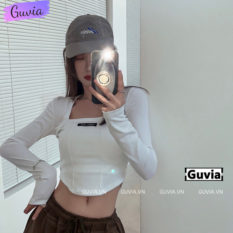 Áo Croptop Nữ Cổ Vuông Tay Dài LOGO NGỰC Đẹp Ôm Body, Áo Thun Croptop Kiểu Dài Tay GUVIA CR12