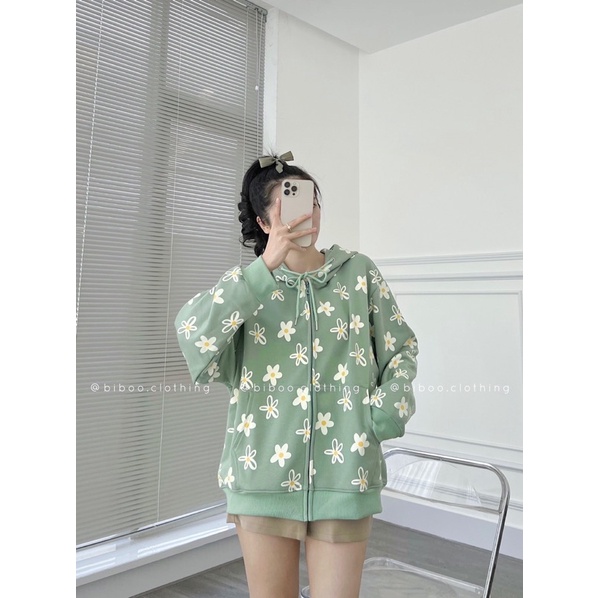 BIBOO - Áo khoác Hoodie Zip form rộng in hình BÔNG HOA chất liệu nỉ chân cua mịn đẹp