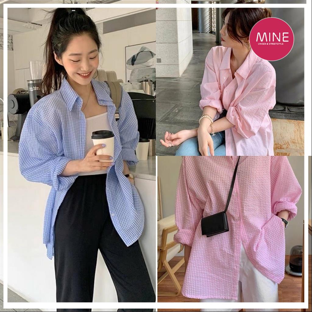 Áo Sơ Mi Nữ Kẻ Đuôi Tôm Vải Xốp 2 Màu - Áo Somi Dài Tay Dáng Thụng F037 MSP36469 MSP32449