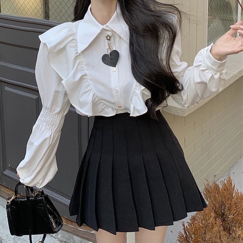 Set sơ mi cánh tiên + chân váy tennis phong cách ulzzang điệu đà cho bạn nữ