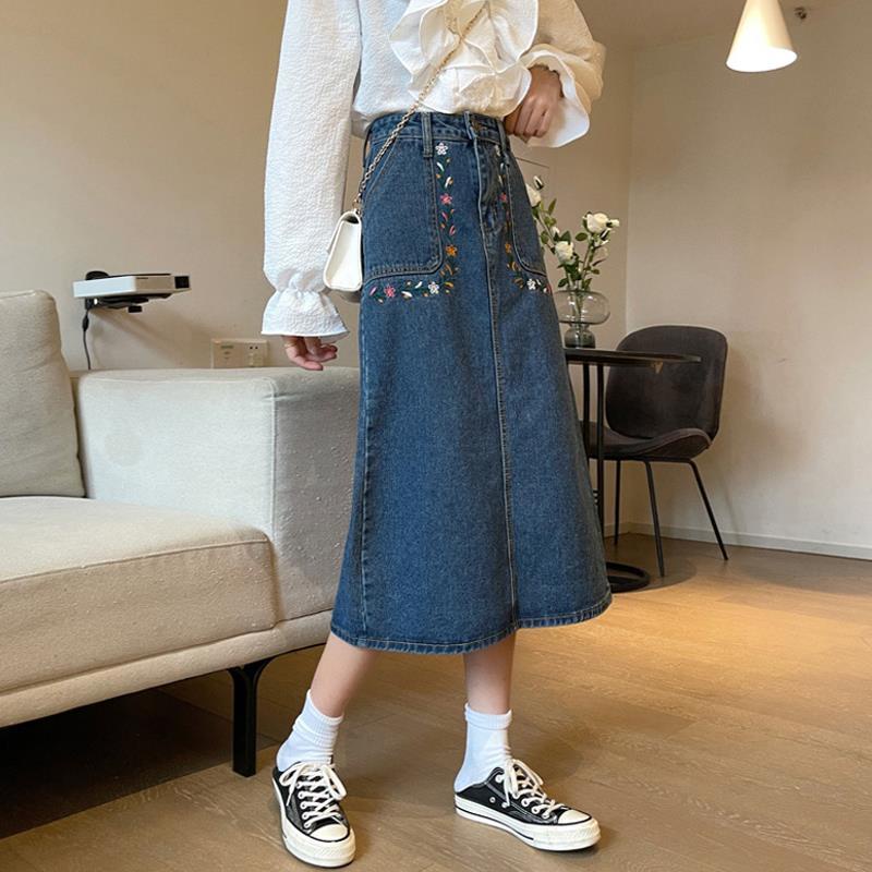 Chân váy jean Dáng Chữ a Lưng Cao Thêu Họa Tiết Phong Cách Hàn Quốc Thời Trang Cho Nữ