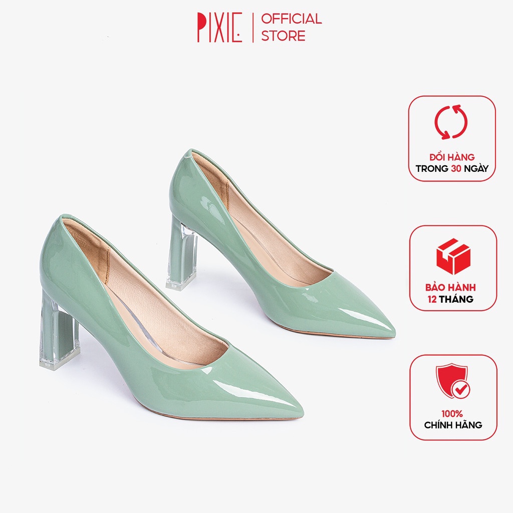 Giày Cao Gót 7cm Da Bóng Đế Vuông Thon Phối Mica Pixie X554
