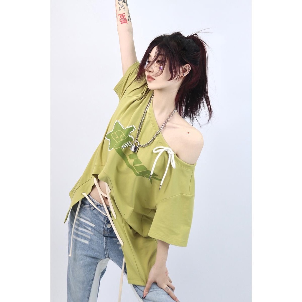 Áo Thun Tay Ngắn Dáng Rộng Phối Dây Cột Phong Cách Đường Phố Thời Trang Y2k Millennium