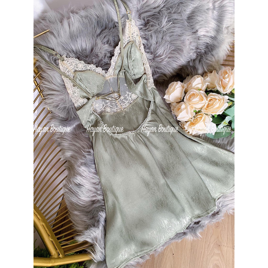 HT163 Váy ngủ sexy lụa xước phối ren hoa tặng CHÍP, đồ ngủ lụa gợi cảm hở lưng HT163