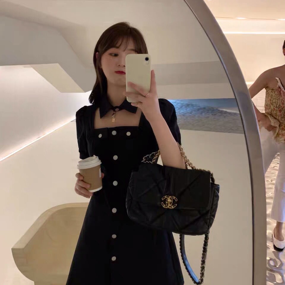 AMOI Đầm Đen Tay Phồng Ôm Eo Thời Trang Cho Nữ