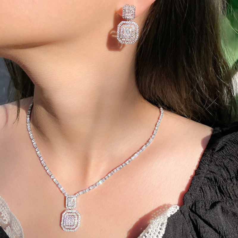 Youyo Set Vòng cổ Và Bông Tai Mặt Vuông Đính Đá Zircon Đơn Giản Cho Nữ Tuổi Teen Ngày Lễ Tình Nhân