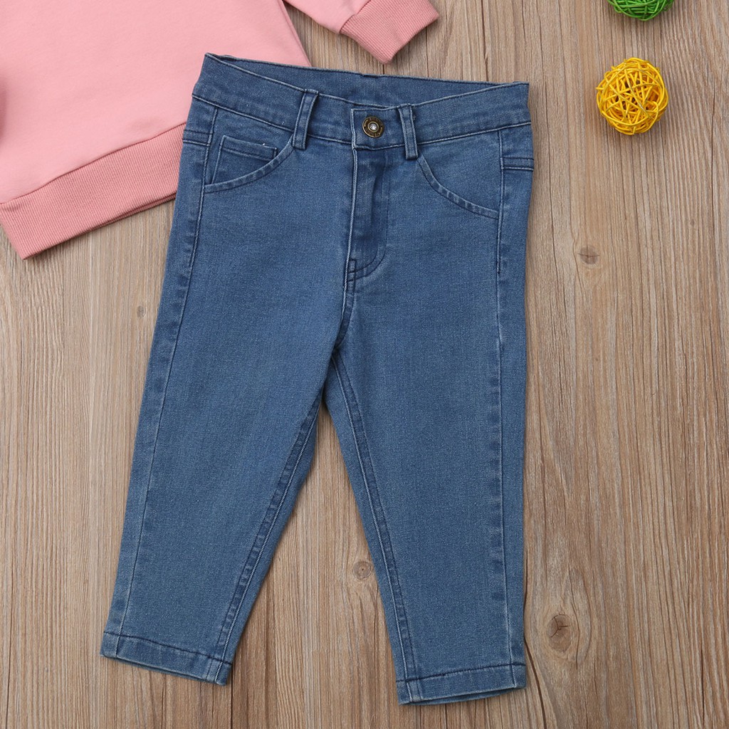 Set áo dài tay nhún bèo + quần dài denim dáng ôm cá tính cho bé gái