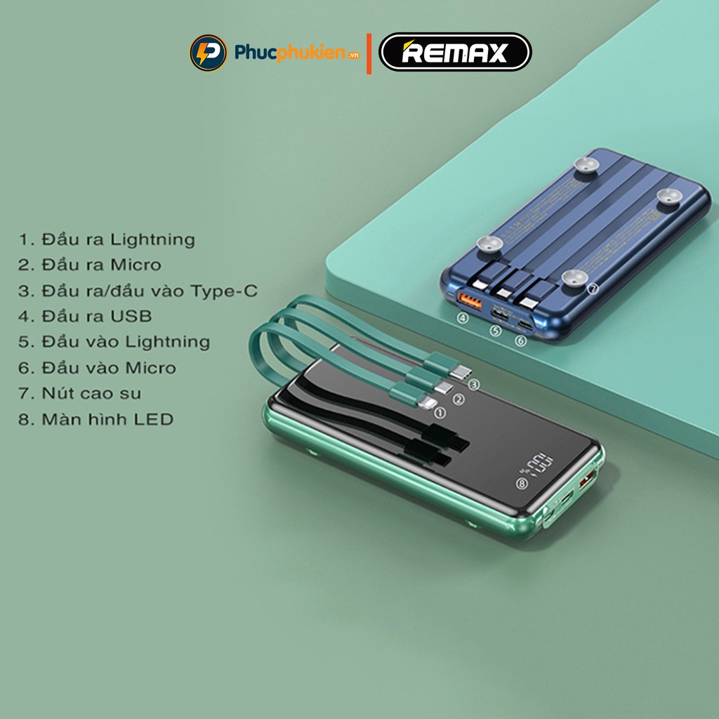 Sạc dự phòng 10000mah Remax RPP 218 tích hợp 3 cáp sạc lightning, Type C và micro hỗ trợ sạc nhanh 2 chiều