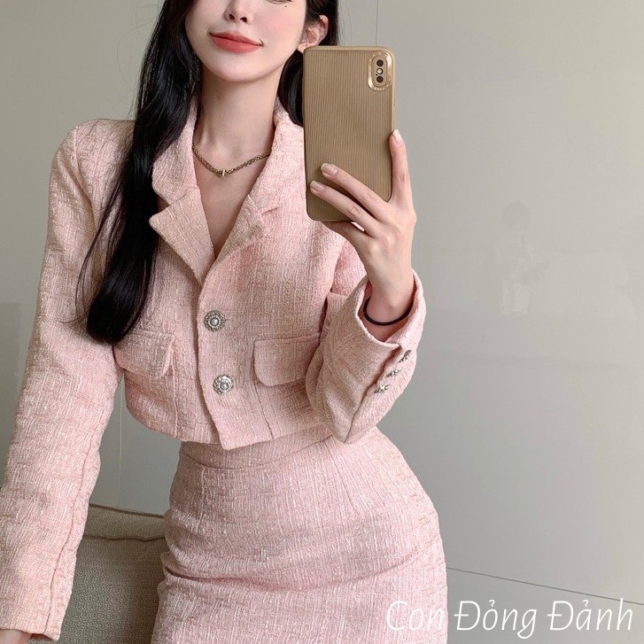 Set áo váy dạ tweed màu hồng siêu sang chảng có ảnh thật AC022