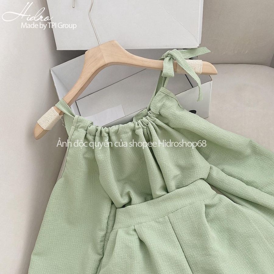 Set Áo Khoét Vai Buộc Nơ Phối Quần Sooc Form Rộng Xanh Bơ Siêu Xinh