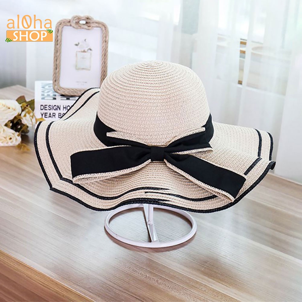 Mũ cói mềm thắt nơ - nón cói vành sóng viền đen chống nắng, đi biển phong cách - al0ha Shop