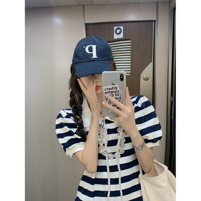 Jiashucheng Đầm Tay Phồng Họa Tiết Kẻ Sọc Phong Cách Hàn Quốc Thời Trang Mùa Hè Mới Cho Nữ