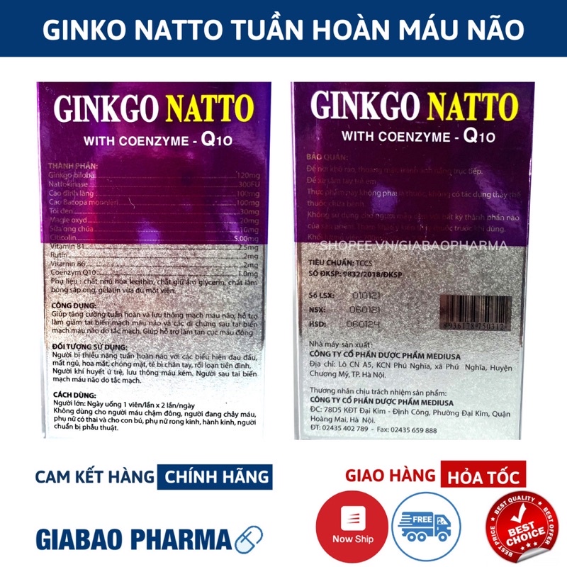 Viên uống bổ não Ginko Natto Q10 giúp tăng cường trí nhớ, hỗ trợ tuần hoàn máu não - Hộp 100 viên