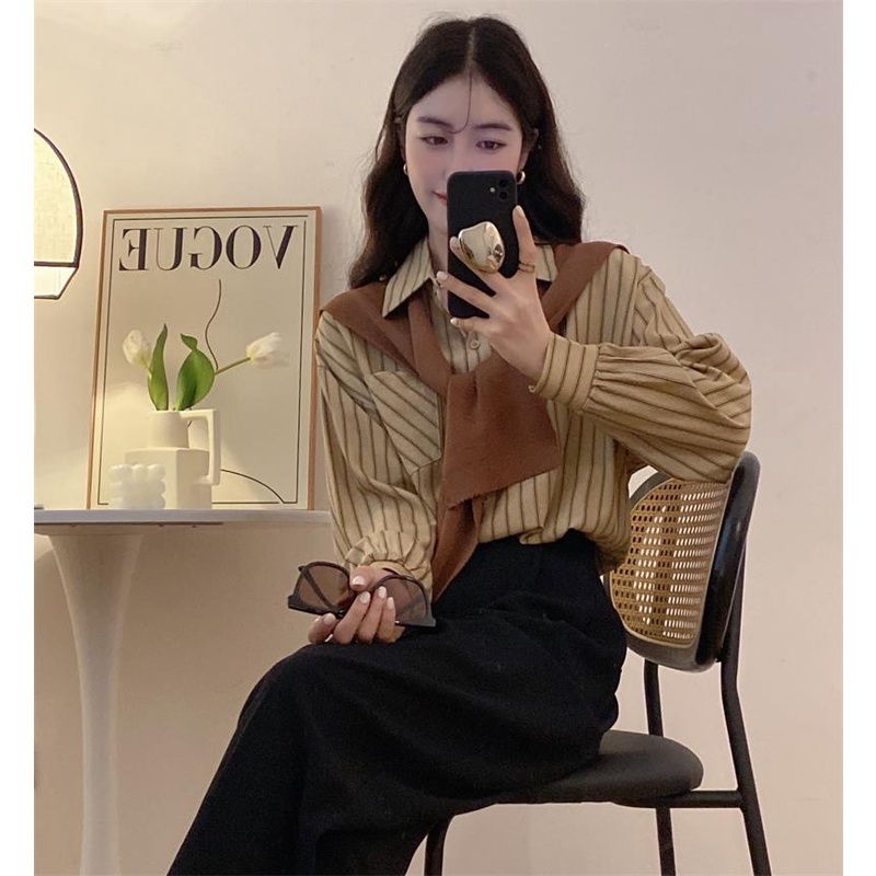 QOEDDV Áo Sơ Mi Nữ Dài Tay Cổ Bẻ Giả Hai Lớp Thời Trang Hàn